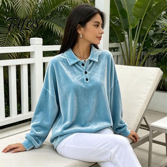 Damen Pullover Hemd Damen Samt Hemd, 3-Knopf Kragen Casual Bluse, Einfarbige Tägliche Kleidung Locker Langarm Oberteil für die Arbeit Atmungsaktive Bluse