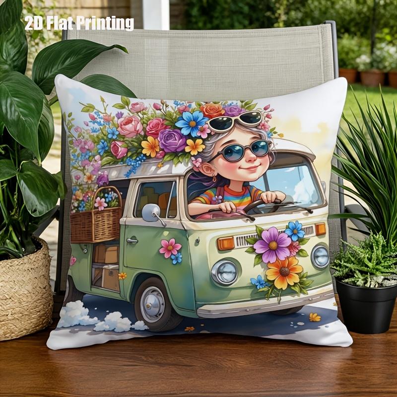 Retro Van Pillowcase, Funny Flower Bus Cushion Cover, Hippie Girl Cartoon Throw Pillow, Colorful Vehicle Decor Summer Vibes Gift