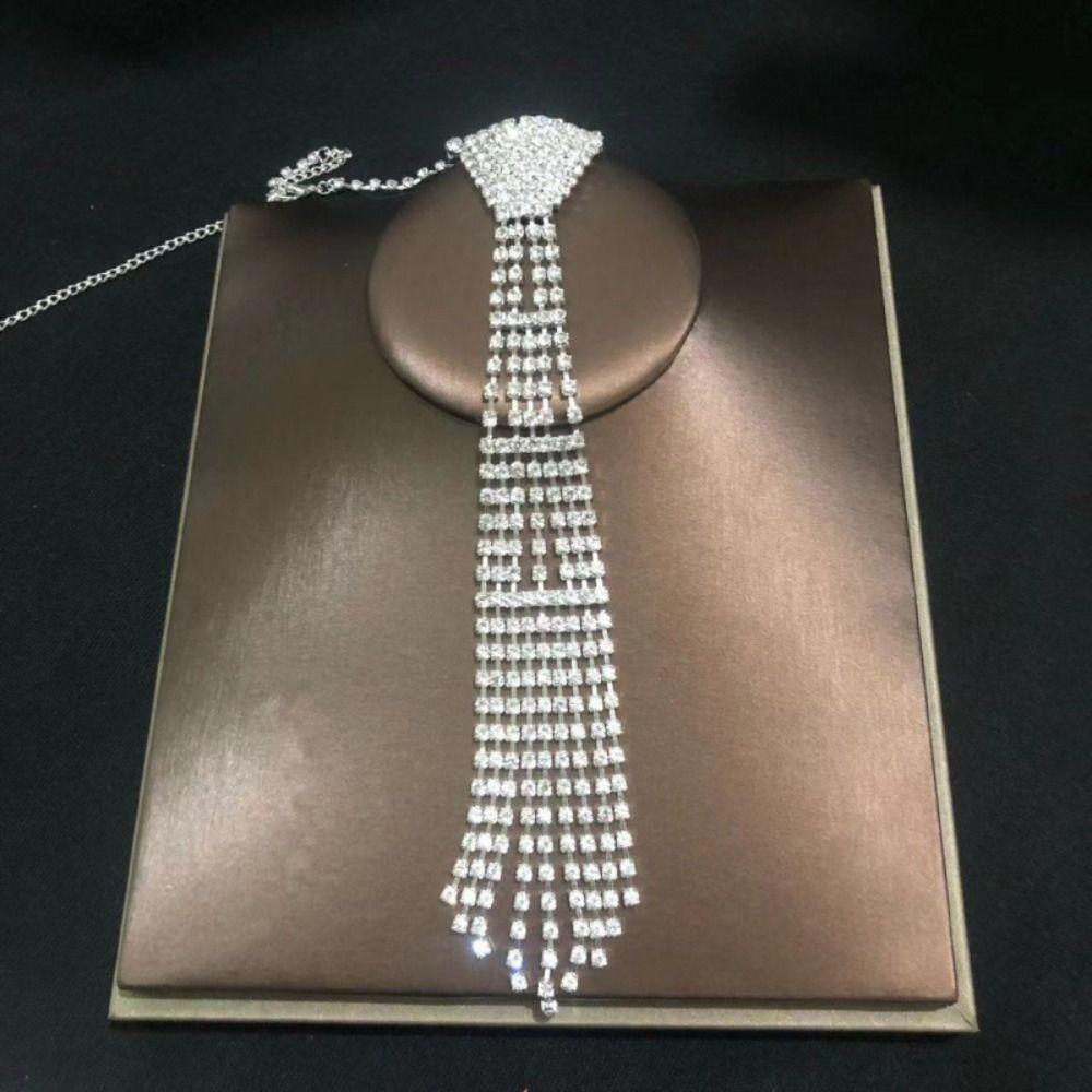 Charm Tie Shape Necklace Exaggerated Crystal Chain Choker Rhinestone Tassel Necklace  Party