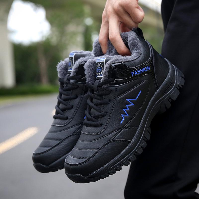 Large size winter sneakers men's velvet thermal cotton shoes leather waterproof snow boots outdoor boots