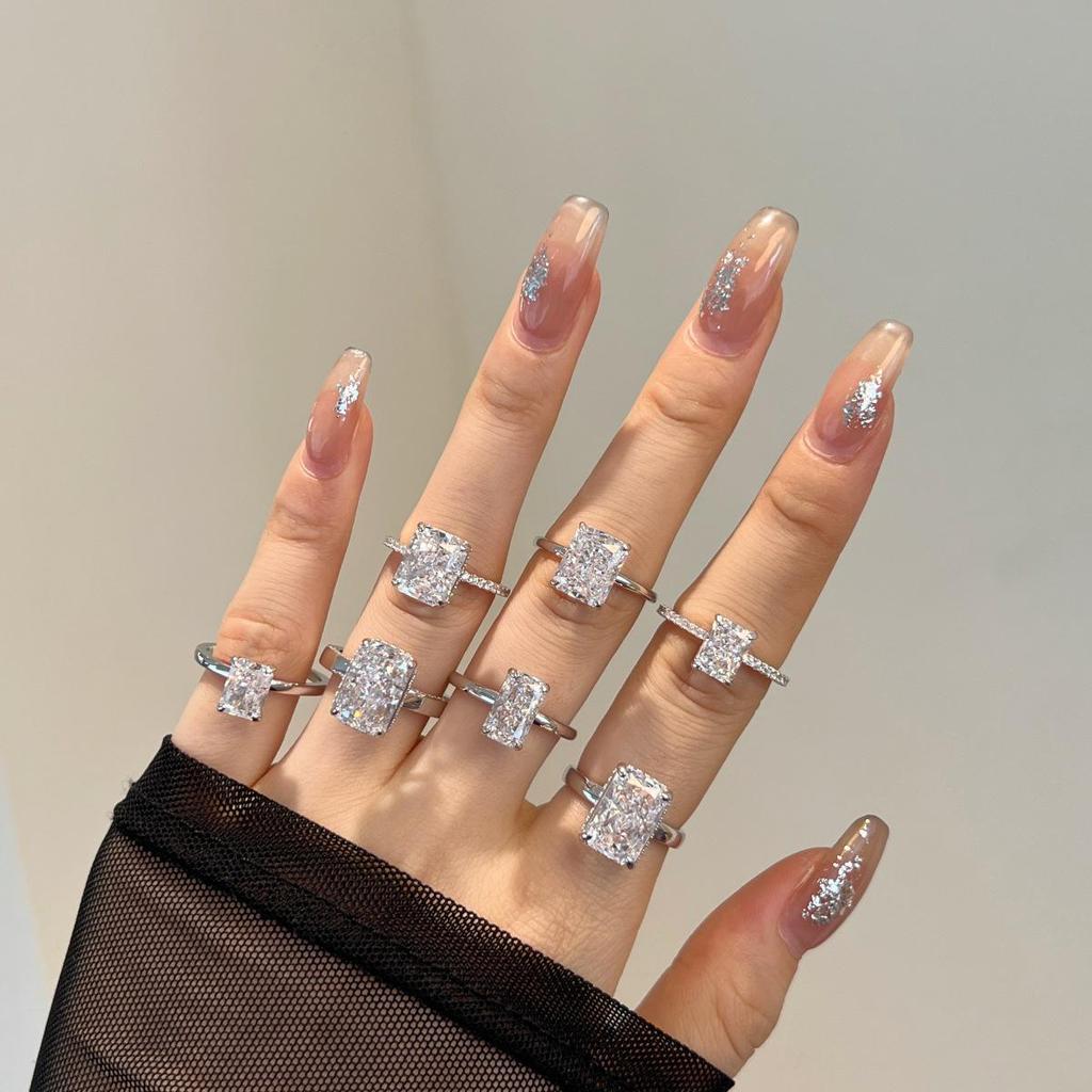 High Carbon Diamond S925 Sterling Silver Zircon Ring for Women - Super Shiny, Square Oval Design, High Quality