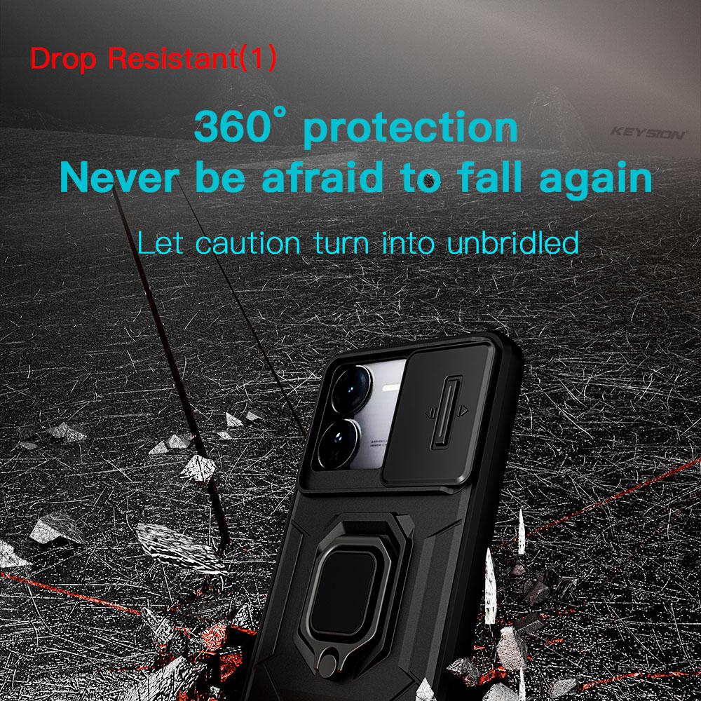 KEYSION Shockproof Case for IQOO Z9X 5G Slide Push Pull Camera Lens Protection Ring Stand Phone Back Cover for for VIVO IQOO Z9X