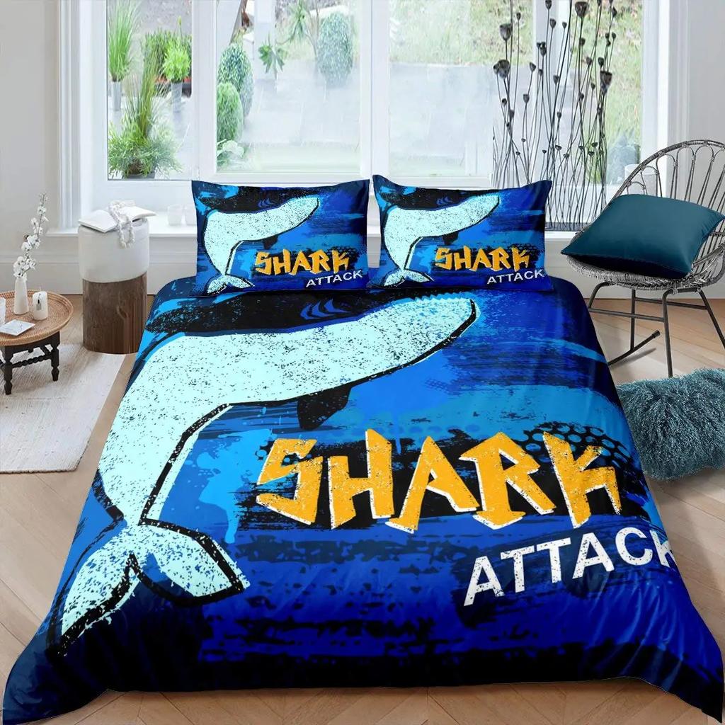 Copripiumino per Bambini con Stampa di Pesce Squalo Cartone Animato Blu e Bianco Decorazione di Lusso per la Camera da Letto di Bambini e Adolescenti Regalo Misura Queen