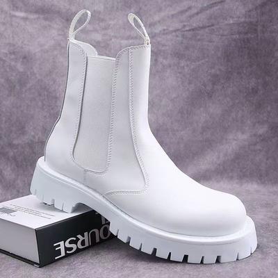 Korean Style Mens Chelsea Boots Black White Casual Shoes Stage Nightclub High Motorcycle Boot Original Leather Platform Botas