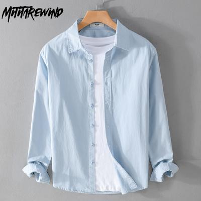 100% Pure Cotton Mens Long Sleeve Shirt Daily Simple Style Versatile Solid Color Shirt Lapel Collar Casual Shirt Basic Men Tops