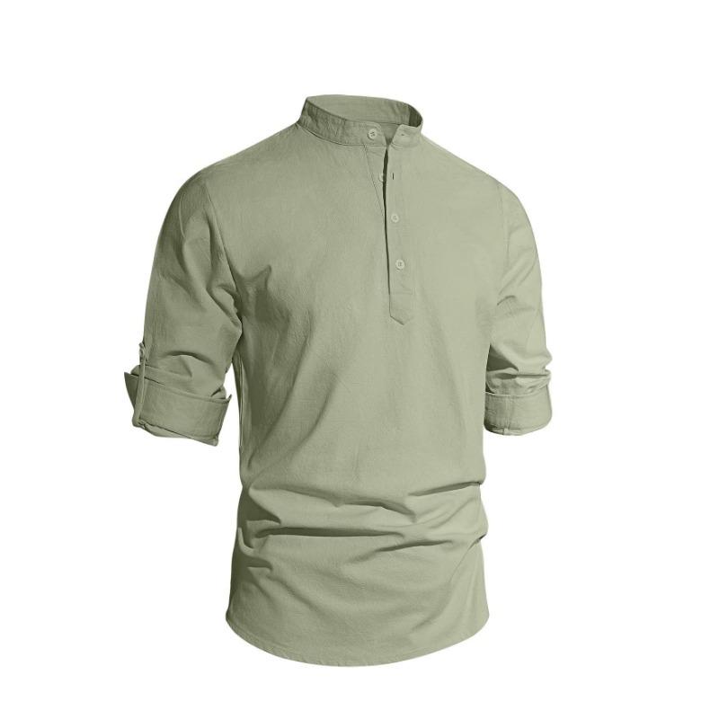 Spring New Men's Solid Color Stand Up Collar Long Sleeved Cotton and Linen Fashionable Casual Top