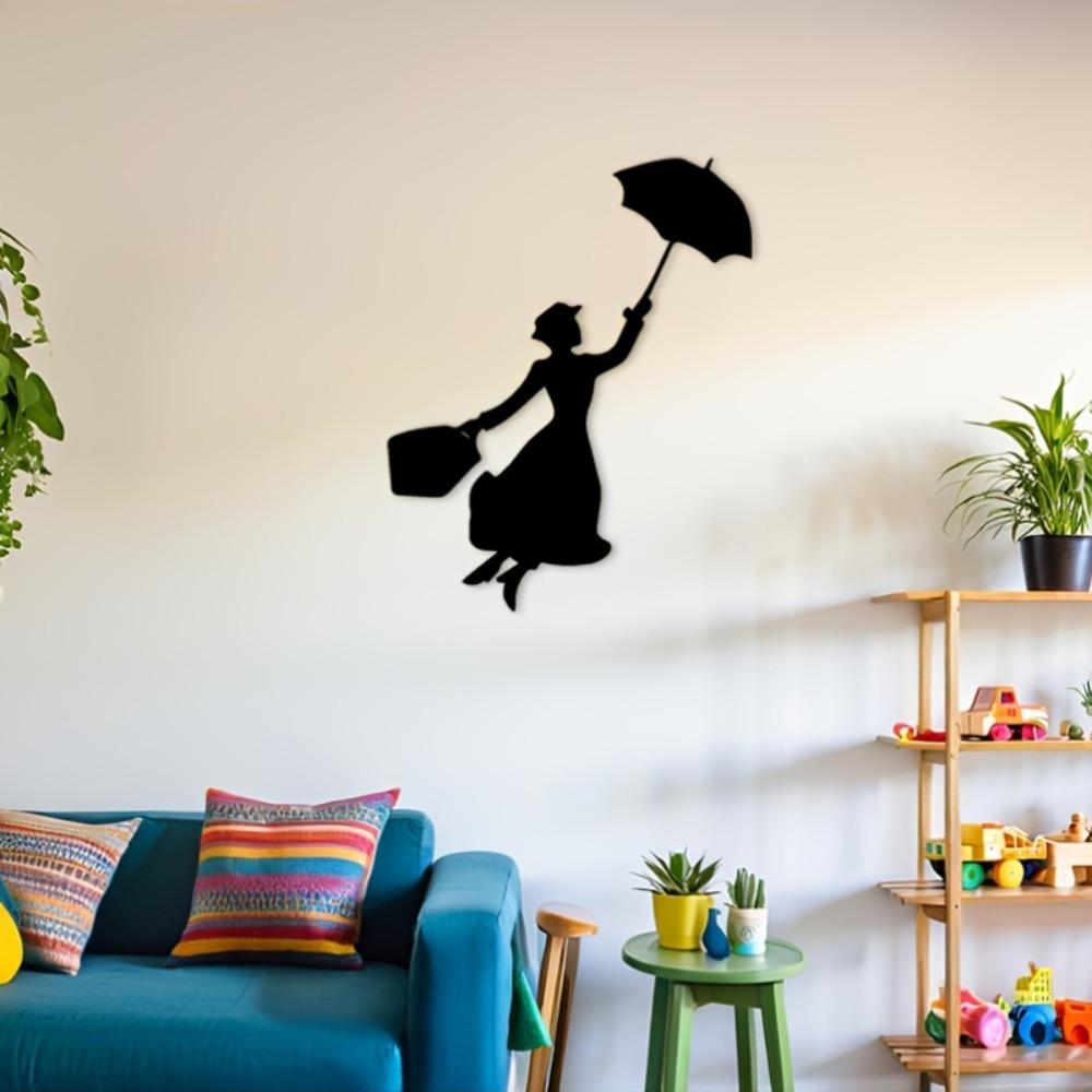 1pc 2D Flat Mary Poppins Silhouette Metal Wall Art Black Decorative Plaque Sign for Living Room Bedroom Study Ambiance Indoor Outdoor Home Decor