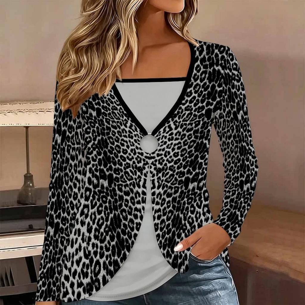 Tops for Women Floral Print Long Sleeve Fake Two‑Piece Top Fall Casual Slim Pullover Women's Long Sleeve Top