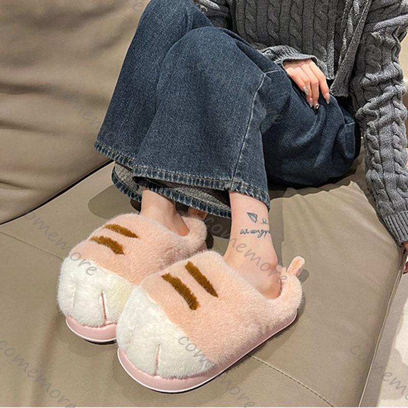 Fashion Comemore Cute Tiger Paw Cotton Slippers for Women Thick Bottom Indoor Warm Furry Cotton Shoes Winter Cartoon Flat Fur Slippers