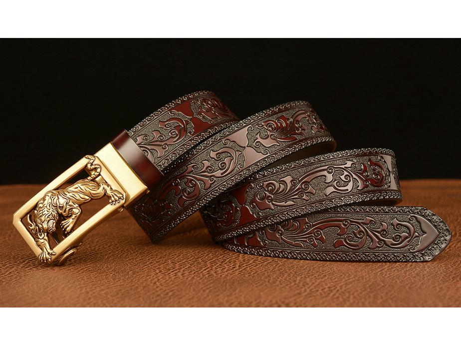Tiger Engraved Automatic Buckle Cowhide Men's Zodiac Belt - Casual Retro Style