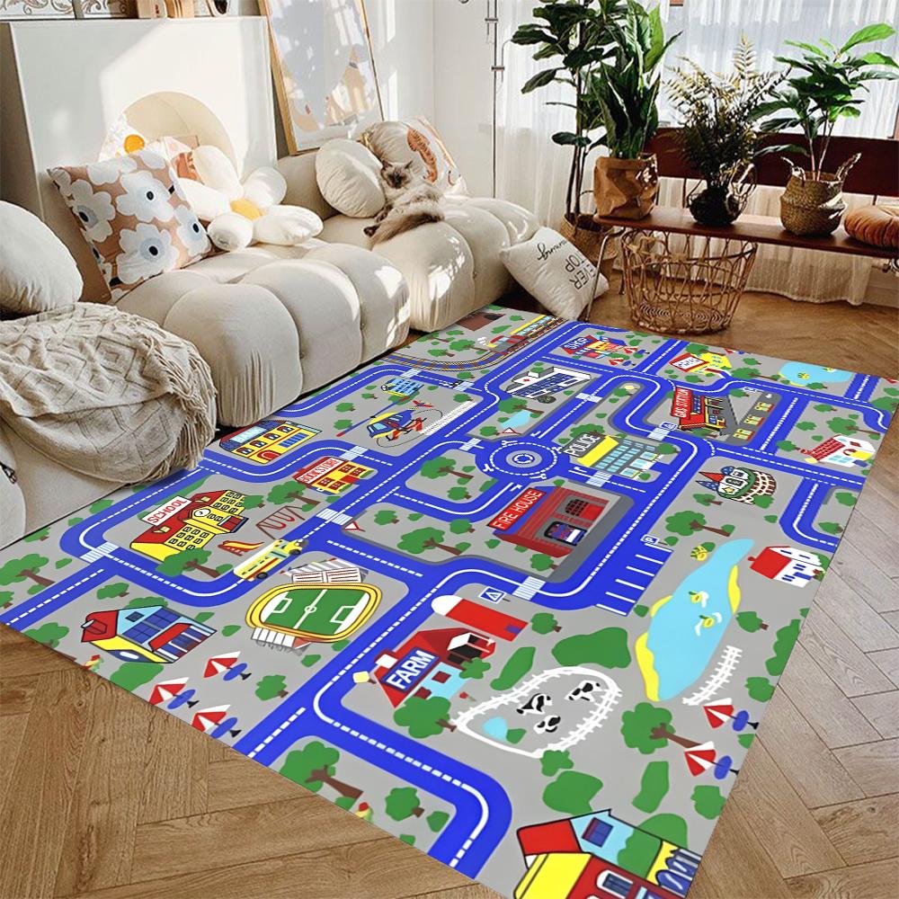 Interactive City Traffic System Kids Rug Educational Road Play Carpet Safe Learning Mat for Childrens Bedroom Living Room