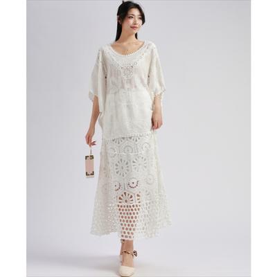DIMANAF 2025 New Skirt Suit Women Beach Lace Bat Sexy O-Neck Hollow Summer Style Tops Tees Loose Basic