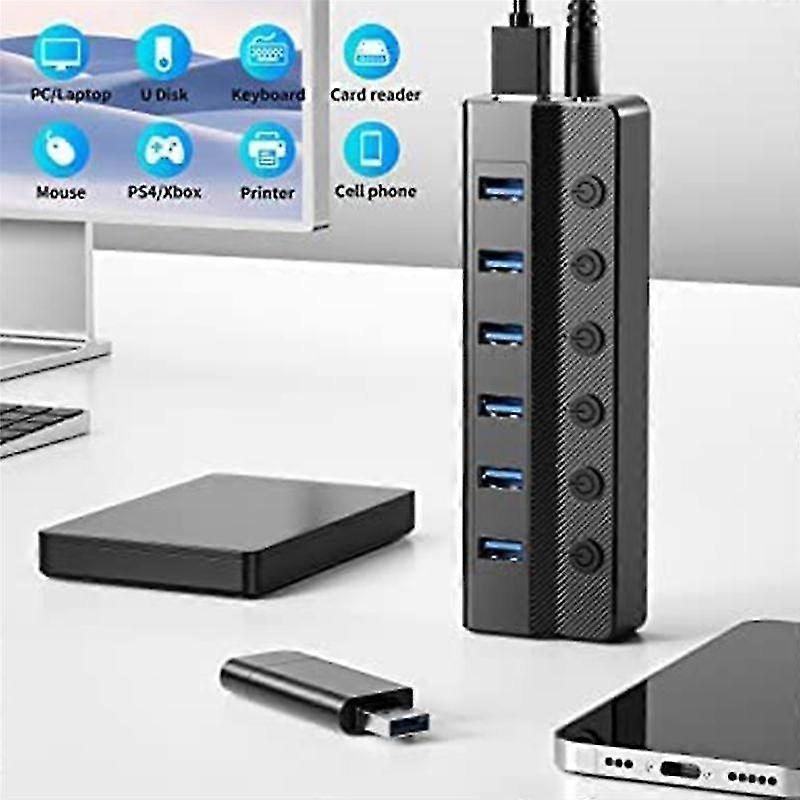 6-port Usb 3.0 Hub, Usb Splitter For Laptop With Individual On/off Switches And Light, 3ft Cord, Us