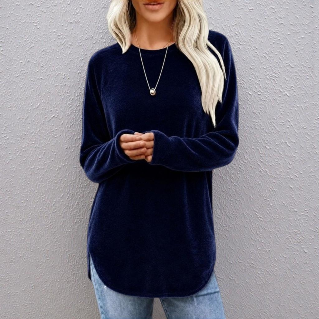 Women's Color Neck Long Sleeve Basic Pullover Top Retro