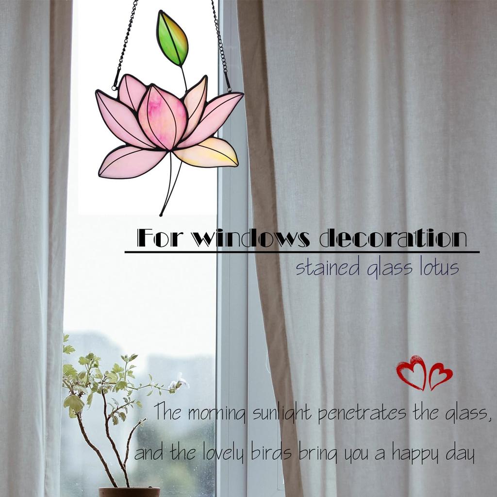 Stained Glass Lotus Flower Window Hanging Sun Catcher Holiday Decoration Window Panels Birthday Gifts for mom,Woman and Friends (Pink)