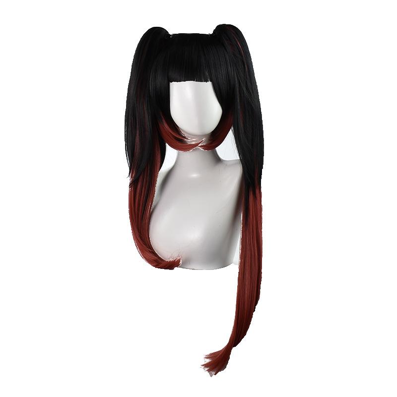 31" Black to Red Ombre Curly Twin-Tails Cosplay Wig – Pre-Styled Side Bangs Synthetic Hairpiece with Claw Clips for Dark Fantasy Anime Conventions