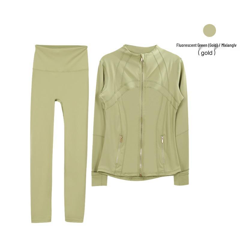 Lulu Original Gold Zipper Stand Collar Jacket & Cropped Yoga Pants Set - Women's Long Sleeve Tight Sports Suit