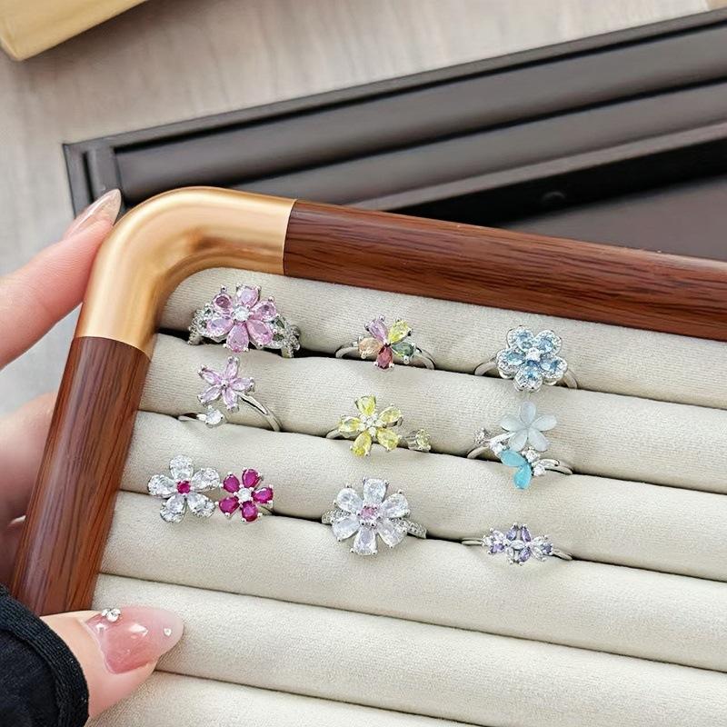 Bursting Full Of Diamonds, Flower Color Treasure, Sweet And Cool Opening Ring, Female Luxury Exquisite Niche High-End Sense Light Luxury Super Fairy