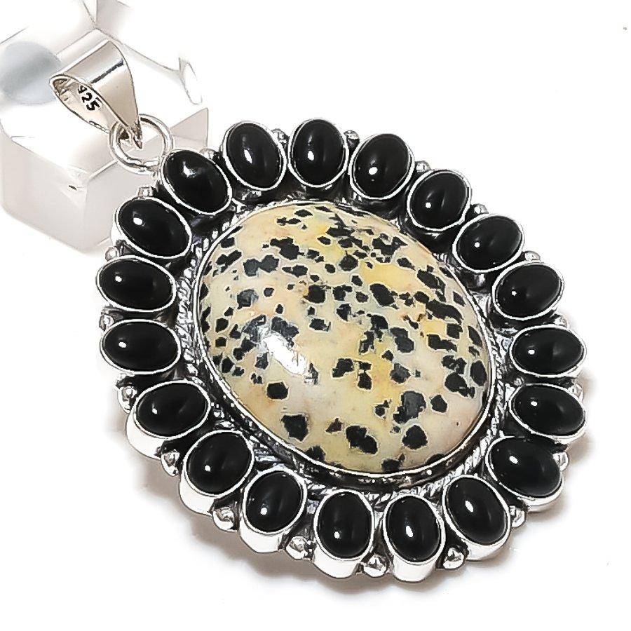 Натуральная далматинская яшма, оникс, кулон из серебра 925 пробы, 2,44 дюйма ETC-13807