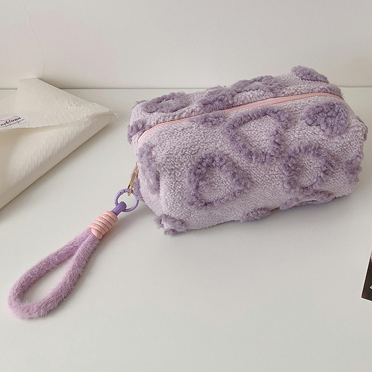 

Cute plush heart shaped pencil case, large-capacity portable zipper stationery desktop storage bag, A beautiful gift for her фиолетовый
