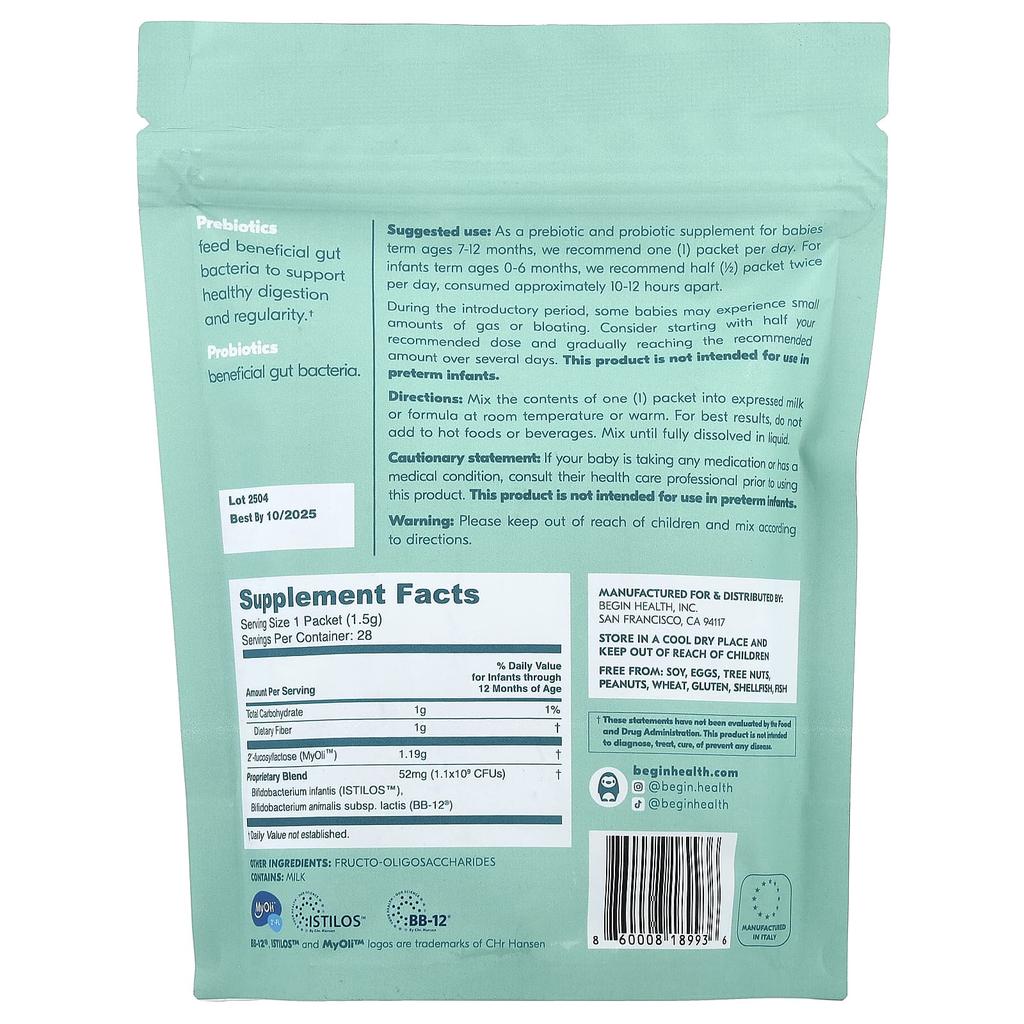 Begin Health, Children's, Beginbaby Prebiotic + Probiotic, 0-12 Months, Unflavored, 28 Packets, 1.5g (0.05oz) Each