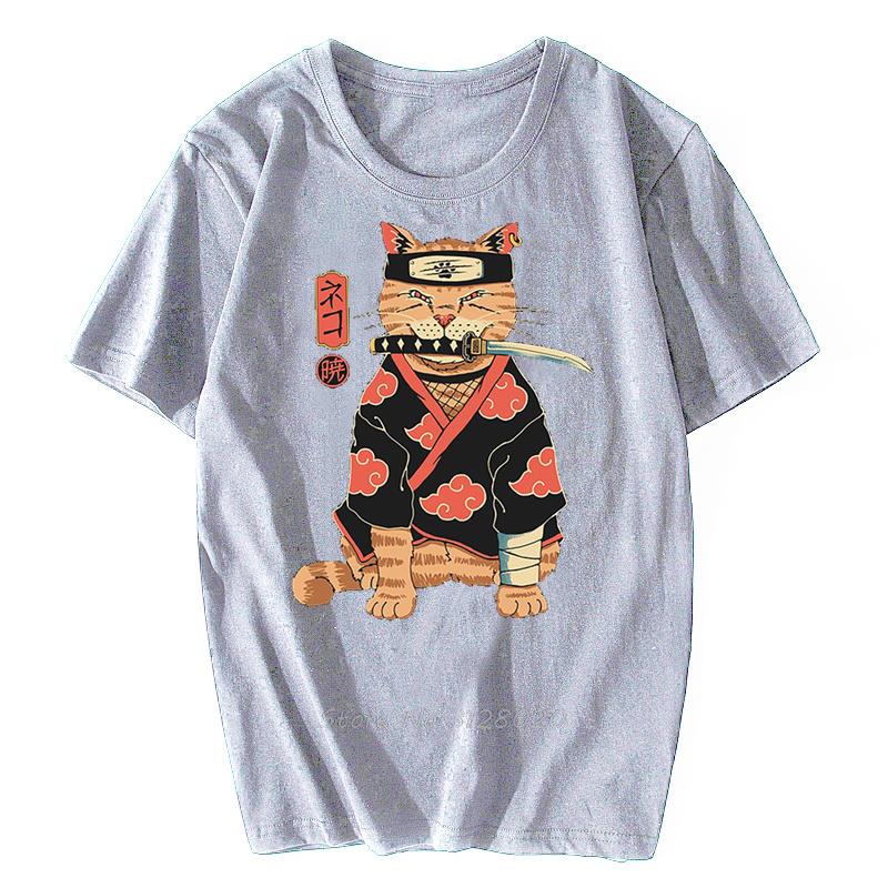 Anime Samurai Cat T Shirt Men Japanese Ukiyo-E Ninja Cat Print T-Shirt Men Cotton Tshirt Fashion Streetwear Harajuku Tees