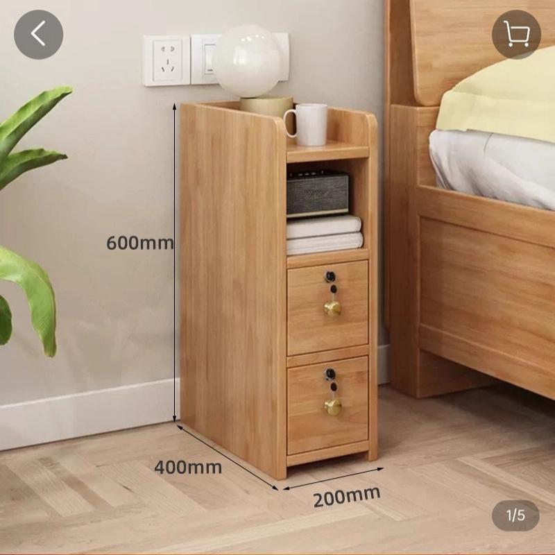 Solid Wood Locking Nightstand, Compact Slim Bedside Cabinet, Modern Minimalist Storage Organizer, Narrow Gap Bedroom Furniture