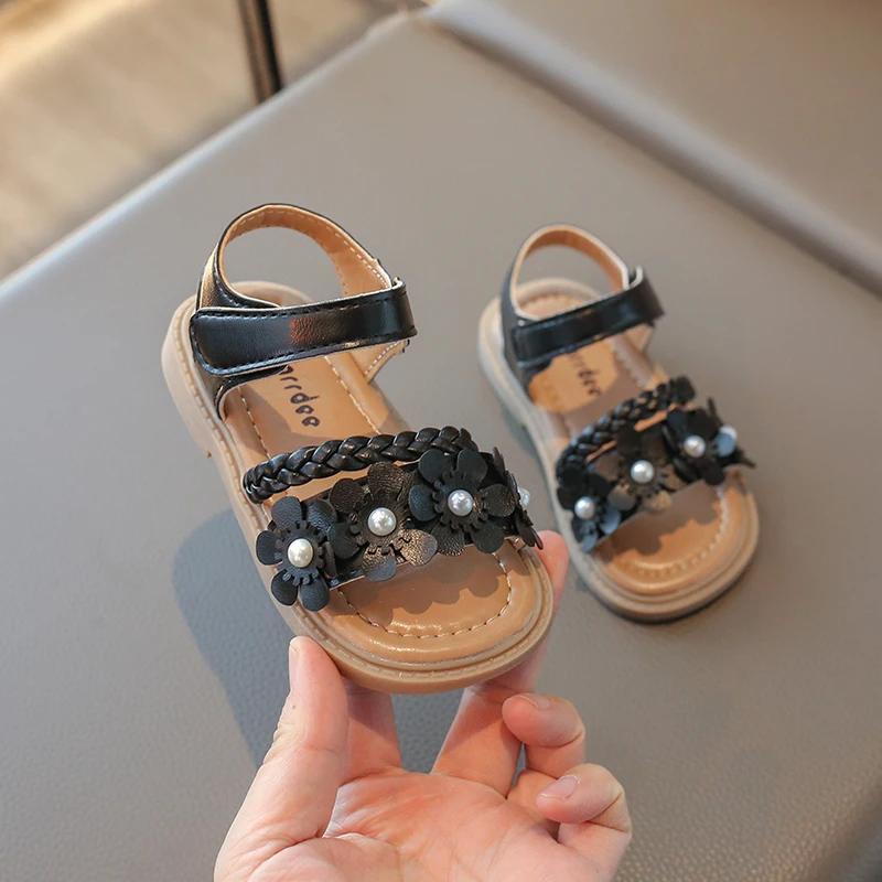Girls Weave Sandals with Flowers 2025 Brand New Fashion Kids Floral Summer Beach Shoes Open Toes Anti-skid Soft Princess Sweet