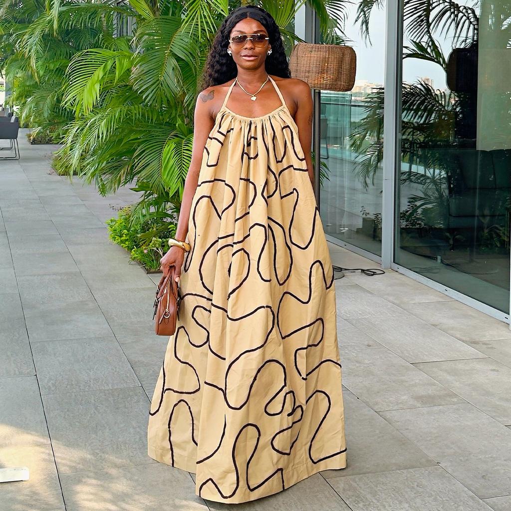 European and American Summer New African Casual Women's Clothing Neck Backless Loose Printing Dress