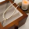 Freshwater Pearl Necklace with Tiny Inlaid Zircons, Bow-shaped, French Vintage Collar Chain, Copper Beads
