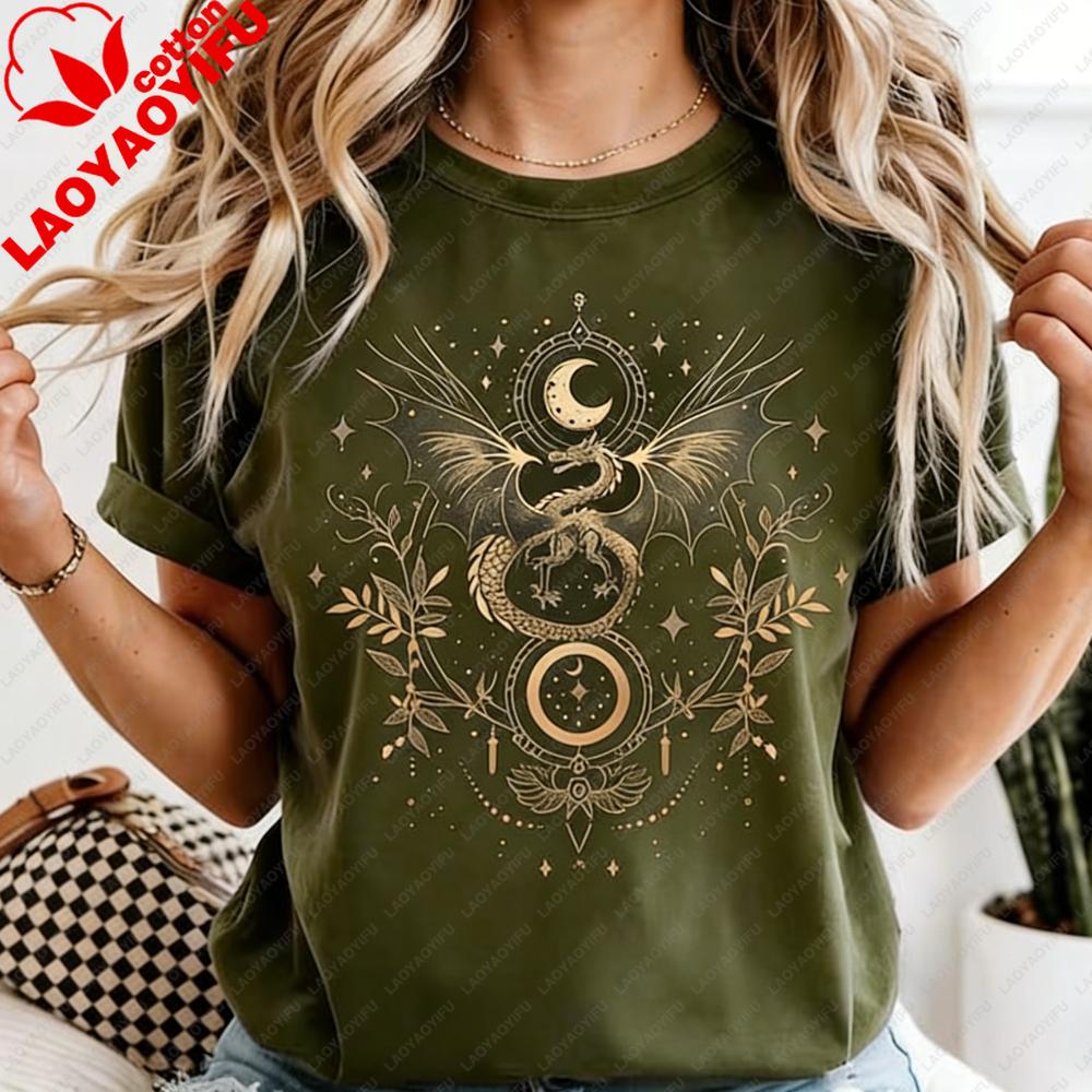Celestial Dragon Moon Phase TShirt Witchy Boho Floral Tee Gothic Style Unisex Fashion Casual Tshirt Retro Design Printed Tops