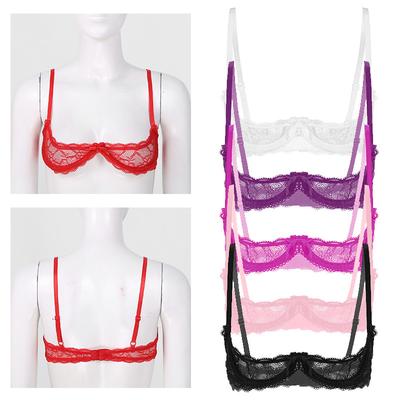 Reggiseno da donna sexy in pizzo trasparente da 1/4 di tazza, reggiseno push up con ferretto, senza fodera, bralette trasparente