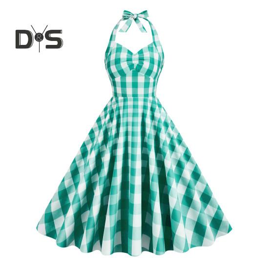 1950er Jahre Damen Rosa Kariertes Ärmelloses Kleid Schnürung Schleife Neckholder Versteckter Reißverschluss Skater Saum Cocktailparty Swing Kleid Hohe Taille A-Linie Kleid