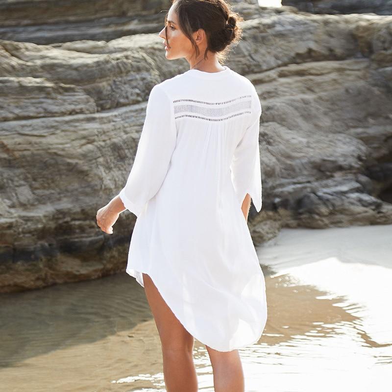 Cubierta de traje de baño para mujer Vestido de playa Túnica de algodón Blanca Botones Camisa casual de verano Ropa de baño