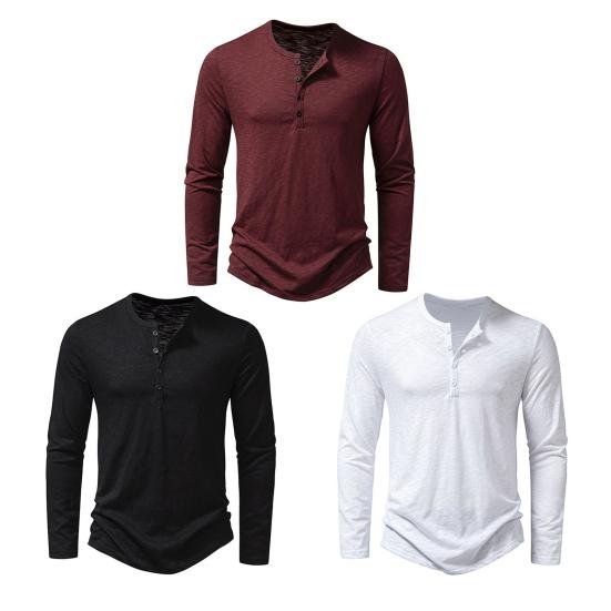 Men T-shirt Buttons Half Placket Long Sleeve Lightweight Tee Shirt Solid Color Loose Fit Pullover Tops Travel Office Daily Wear