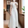 Elegant Slim-fit Round Neck Patchwork Dress for Women - Waist-cinching Solid White, Gentle Style, Summer Long Dress