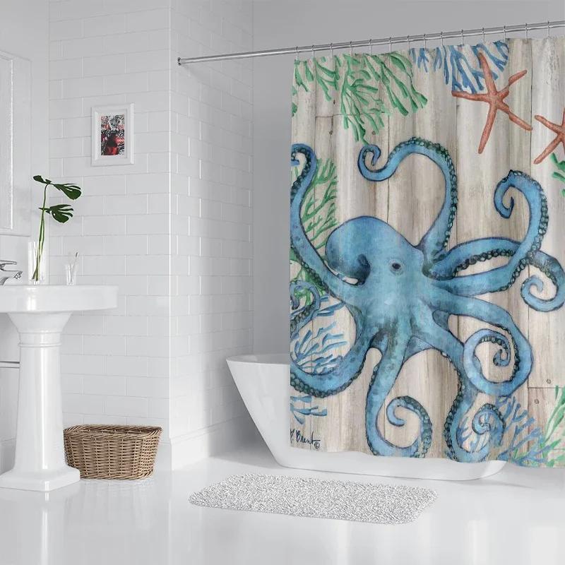Ocean octopus, seahorse, starfish waterproof fabric household shower curtain accessories shower curtain marine shower curtain