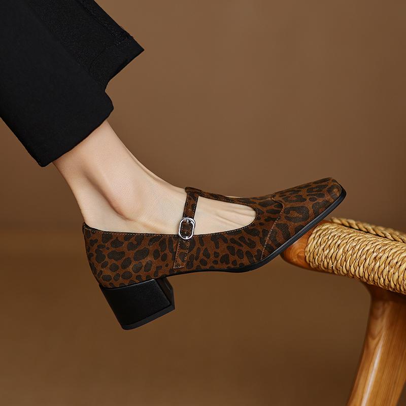 Fashion 2025 Spring Women Pumps Cow Suede Genuine Leather Shoes for Women Pointed Toe Leopard Mary Janes Women Shoes Ladies Shoes