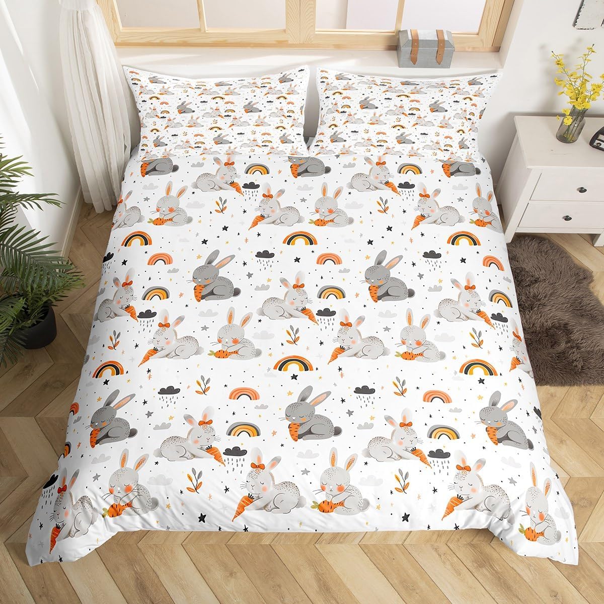 

Carton Animal Soft Duvet Cover Lovely Rainbow Rabit Beding Set Microfiber Wildlife Comfortable Quilt Cover Twin Sized Dimensions For Young Girls Young 135*200cm Eu-Single