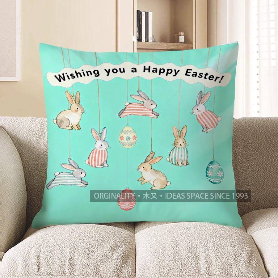 2D Happy Easter Bunny And Egg Decorative Pillow Pattern Cushion Cover Suitable For Sofa Bedroom Car Pillow Cover