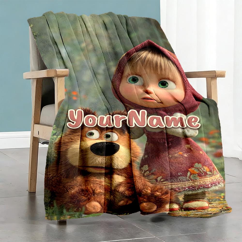 Masha Bear Personalized Name Blanket Throw Personalized Blanket Ultra-Soft Great for Sofa Chair Bed Couch All-Season Use Gift for Travel Home Birthday