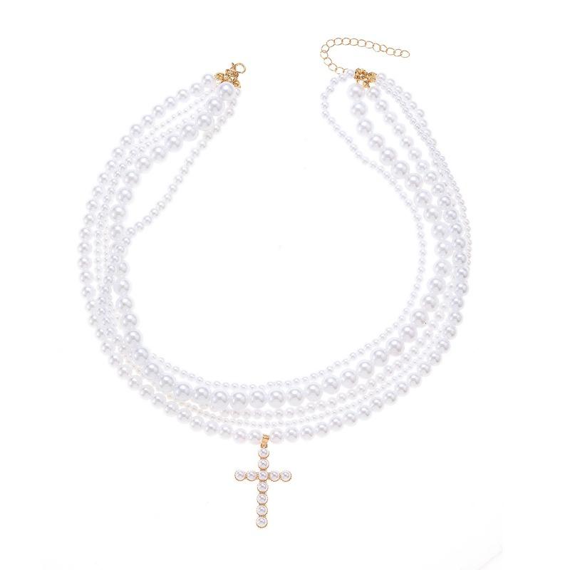 Stacked necklace retro imitation pearl light luxury sweet cool pendant women's pearl cross necklace