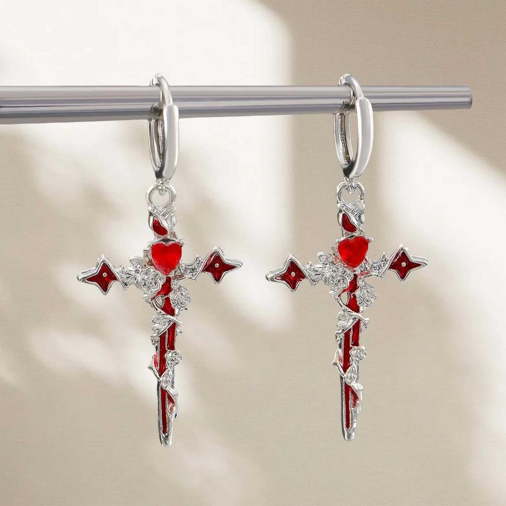 Punk Charm Sliver Color Rose Flowers Winding Red Drip Glaze Cross Heart Hoop Earrings Necklace for Women Stainless Steel Jewelry