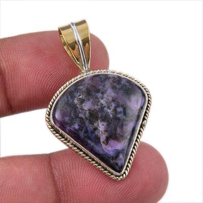Natural Charoite Gemstone 925 Solid Sterling Silver Two Tone Pendant 1.50" P2r35