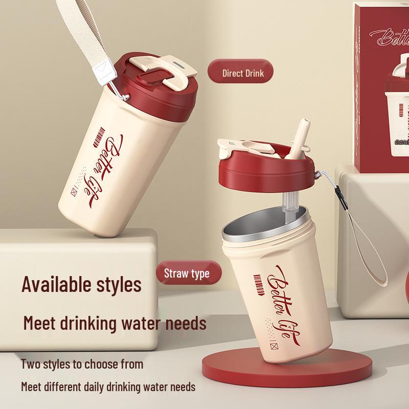 High-Value Portable Straw Cup with Lanyard, 304 Stainless Steel, Ideal for Cola and Coffee, Great Gift