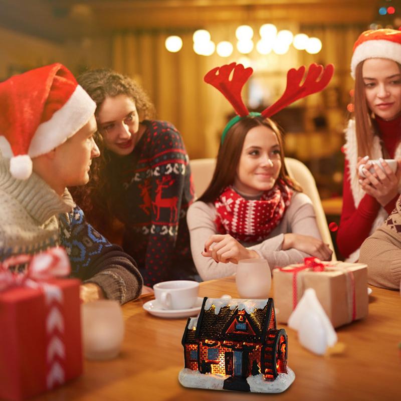 Christmas Village Houses Led Glowing Night Light Snowflake Covered House Santa Claus Gifts And Luminous Resin
