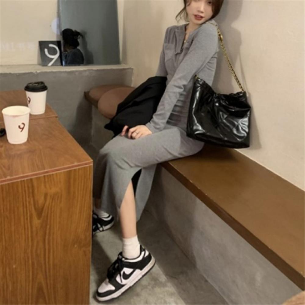 New Arrivals Open Run Women Slim Fit Side Slit Pocket Hood Long Sleeve Longdress