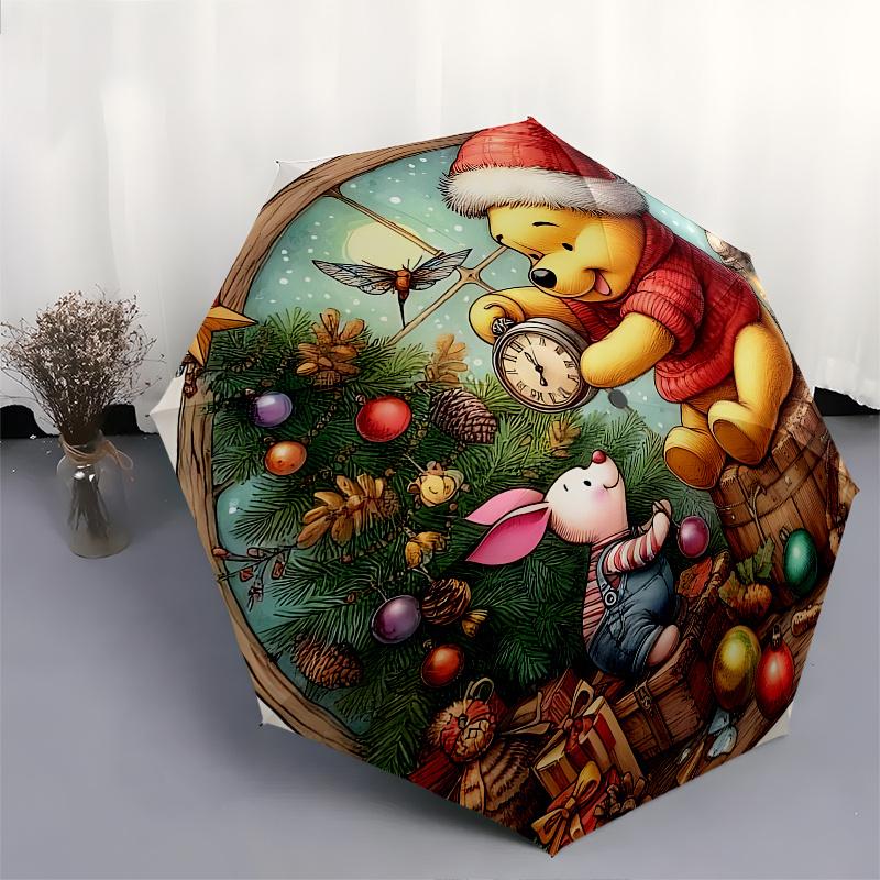 Winnie the Pooh, Christmas Automatic Opening and Closing Umbrella, Compact Travel Umbrella, Lightweight and Portable, Suitable for Beach Com
