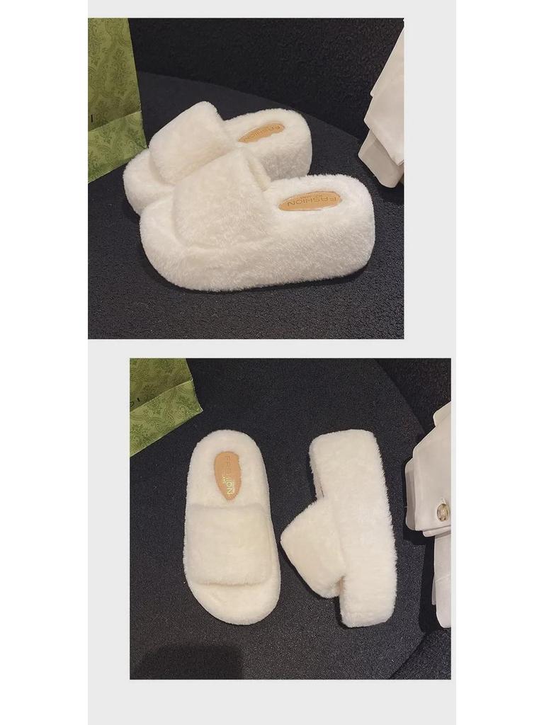 8CM Thick-Sole Fur Slippers for Women's Outdoor Wear—2024 New Autumn/Winter Warm Cotton Slippers