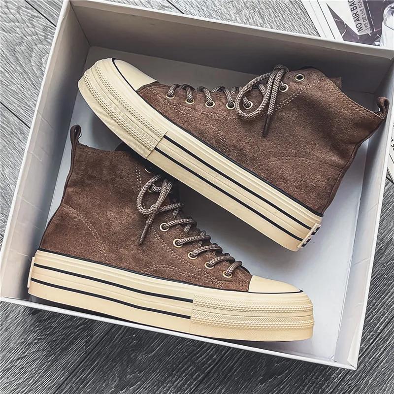 High Top Vintage Canvas Shoes Student Espadrilles Platform Comfort Mens Vulcanize Shoes Men Brown Sneakers Zapatillas De Lona